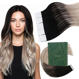 Ugeat Tape in Hair Extensions Black Ombre Seamless Invisible Human Hair Tape in Extensions Ombre Black to Ash Blonde Mix Blonde Human Hair Extensions Glue in 12inch 20Pcs 30G