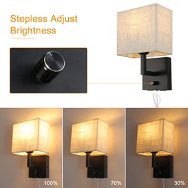 wkeessee Bedside Wall Mount Light with Dimmer Switch and Two USB Charging Port, Fabric Linen Shade Wall Sconces Light with Plug in Cord, Black Wall Lamp Perfect for Bedroom, Living Room and Hotel