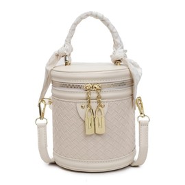 Woven Crossbody Bags for Women Weave Bucket Cylinder Purses Small Shoulder Vegan Leather Mini Top Handle Handbag, White