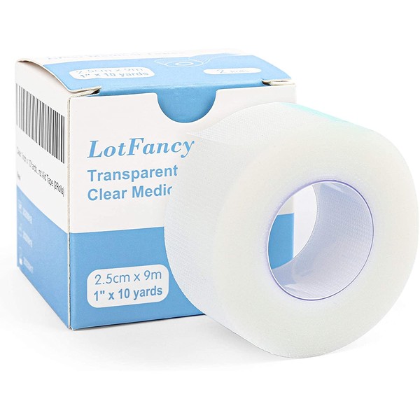 LotFancy Transparent Medical Tape, 2 Rolls 1inch x 10Yards, Adhesive Clear Hypoallergenic Surgical Tape, PE First Aid Tape for Wound, Bandage, Sensitive Skin, Latex Free