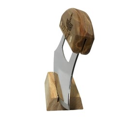 The Ulu Factory Alaska Birch Ulu Knife 6" Stainless Steel Blade with Block Wood Stand Totem Pole