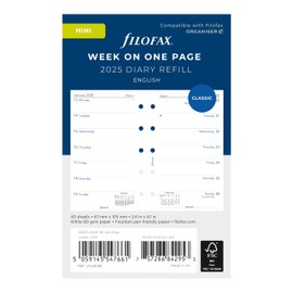 Filofax Calendar Diary Refill, Mini Size, Week on One Page, White Paper, Unruled, English, 2025 (C68126-25)