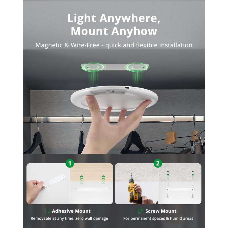 Bojim 2-Pack Rechargeable Ceiling Lights with Motion Sensor & Remote,
