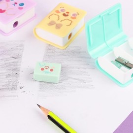 4Pcs Cute Dual Purpose Book Pencil Sharpener Eraser, Cute Cartoon Student Eraser Pencil Sharpener Office Supplies Writing and Correction Supplies