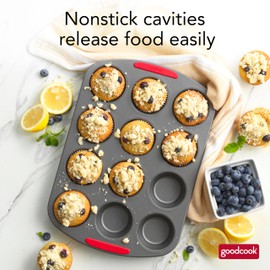 GoodCook MegaGrip 12-Cup Muffin Pan with Silicone Grip Handles Perfect for Cupcakes Durable Heavy-Gauge Steel Construction Scratch-Resistant Nonstick Coating, 15.5x10.5-Inch, Gray