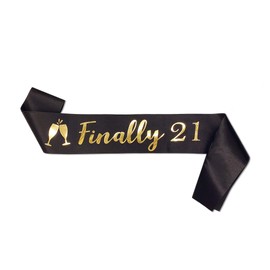 Clever Monster Birthday Sash Black Satin Finally 21 Sash with Gold Glitter Lettering Party Favors, Supplies and Decorations