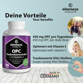 Vitamaze - amazing life OPC Traubenkernextrakt Kapseln, zertifiziert, hochdosiert: 450 mg reines OPC, 180 Kapseln für 6 Monate, Natürliche Nahrungsergänzung ohne Zusätze, Made in Germany