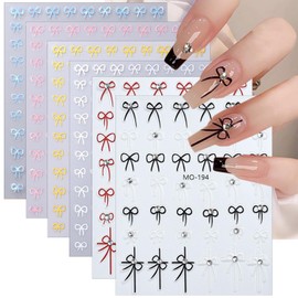 French Crystal Bows Nail Art Stickers Cute Nail Decals 3D Self-adhesive Pegatinas Uñas Gold Black White Blue Pink Bow Design Nail Stickers for Nail Art Supplies for Women Girls DIY Nail Decor 6 Sheets