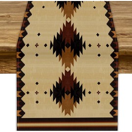 JanJCurt Brown Southwestern Table Runner, Vintage Black Beige Native American Ethnic Boho Aztec Print Kitchen Dining Table Decoration for Home Party Decor, 13x70inch