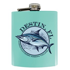 R and R Imports Destin Florida Fishing Village Design Souvenir 7 oz Steel Flask Matte Finish Seafoam 2-Pack