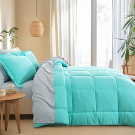 7-Piece Modern Elegant Bed in a Bag Fluffy Down Comforter King Size | All Season Reversible Box Stitched Pattern Cool Turquoise Light Gray Solid Color | Soft Cozy Thick Luxury Bedding Comforter Sets