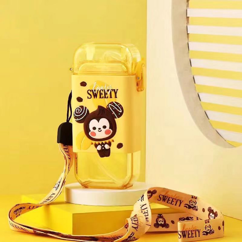 Kids Water Bottle Good Sealing Unique Quadrate Shape Cartoon Patterns