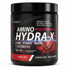 Athenix® Amino Hydra-X Intra-Workout | 9 EAAs + 5 Electrolytes + Vitamins & Taurine | Vegan BCAA + Hydration Powder | 26 Servings | Zero Sugar & Fat | Made in Germany | 365g (365g, Cherry Surge)