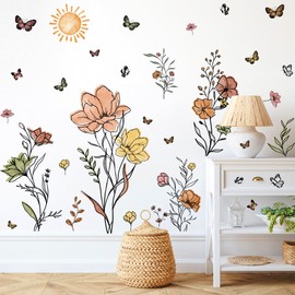 Boho Flower Wall Decals Watercolor Flower Plants Wall Stickers Wildflower Floral Walls Decals for Living Room Peel and Stick Modern Line Butterflies Art Murals for Girls Bedoom Office Home Decoration