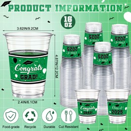 Funnymoom 100 Pcs 16oz 2025 Graduation Cups Disposable Graduation Plastic Cups Class of 2025 Celebration Grad Party Favors(Green, Black)