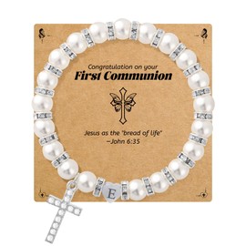 BAYLAY First Communion Gifts, Cross Bracelet for Teen First Communion Bracelet Pearl Letter E Initial Charm Bracelet First Holy Communion Gifts for Catholic