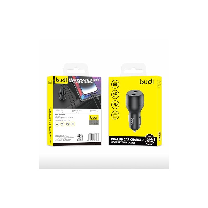 Budi - Dual PD Car Charger, 2 USB-C Ports -