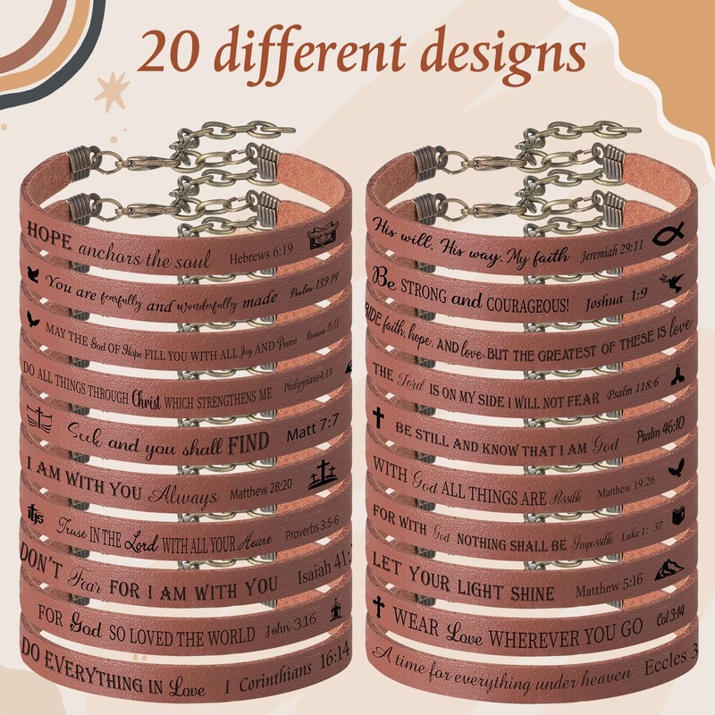 20 Pulseras de Versos de Biblia Cristianas Inspiradores Cuero Brazaletes