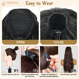 PHOCAS Ponytail Extension,24 Inch Drawstring Ponytail Hair Extensions for Women,Long Curly Hair Extension Multi Layered Synthetic Hairpiece for Party Daily Use（Dark Brown)