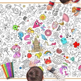 DPKOW Kids Girls Coloring Poster with Paint Pens, 47 x 33 Inches Jumbo Paper Coloring Tablecloth for Kids Girls Birthday Gift Crafts Doodle Art, Mermaid Unicorn Princess Sea Animal Castle Pirate Candy