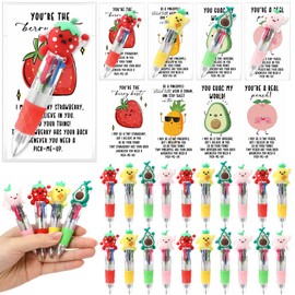Sayglossy 24 Sets Back to School Student Gifts Fruit Pens Bulk 4-in-1 Multicolor Ballpoint Pen with Emotional Cards Support Teacher Gifts for School Classroom Party Supplies