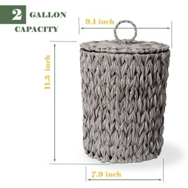 YOKOMI Plastic Wicker Trash Can with Lid - 2 Gallon Small Garbage Can with Removable Liner Bucket for Bedroom, Bathroom, Living Room - Boho Hand Woven Waste Basket for Home, Office, Grey