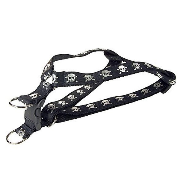 Large Black Reflective Skull Dog Harness: 1" Wide, Adjusts 23-35"