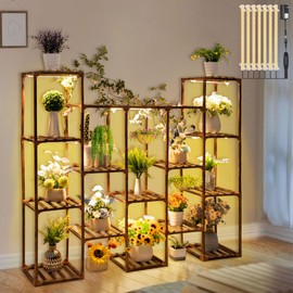 Dreyoo Plant Stand with Grow Lights, Wood Plant Shelf with Full Spectrum Grow Lamp for Indoor Corner, Vintage Pot Stands Rack for Living Room Balcony Display (14 Potted Shape)