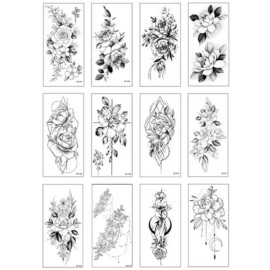 대형 타투스티커 패션 여름 장미 흑백 꽃 12종세트 꽃 Large Tattoo Sticker Fashion Summer Rose Black and White Flower 12-Piece Set [Black and white 12 types (Mros)]