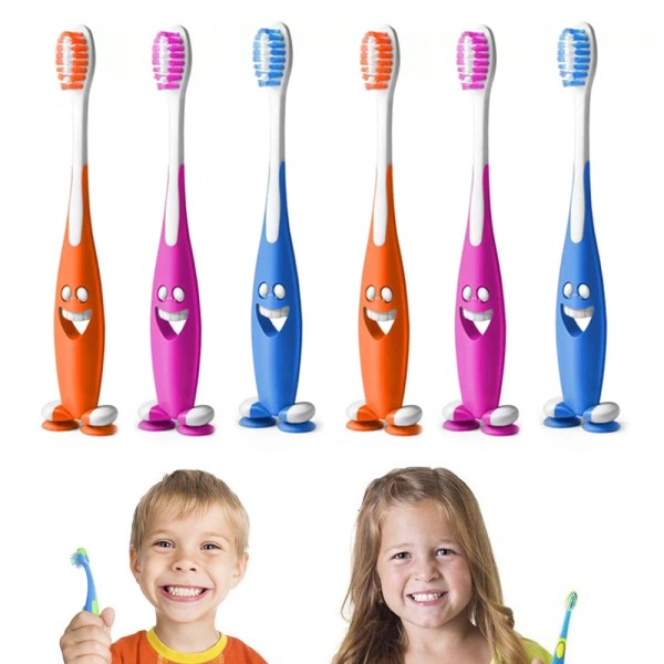 AllTopBargains 6 Set Happy Smiley Toothbrush Suction Cup Stand Soft