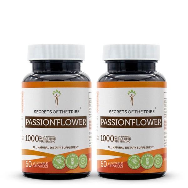 Secrets of the Tribe Passionflower 60 Capsules(2 pcs.), 1000 mg, Passionflower (Passiflora Incarnata) Dried Leaf and Herb (2x60 Capsules)
