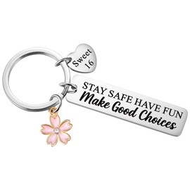 Sweet 16 Keychain, Happy 16th Birthday Party Gift for Teens, Stay Safe New Driver Gifts for Graduation, Birthday, Silver, Medium