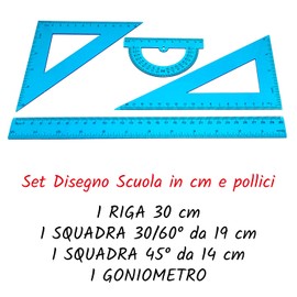 Geometry and Drawing Set 4 Pieces: Ruler 30 cm, Square 30/60 ° 19 cm, Square 45/90 ° 14 cm, Protractor 10 cm - Measurements in cm and inches, Perfect for School and Office (BLUE)