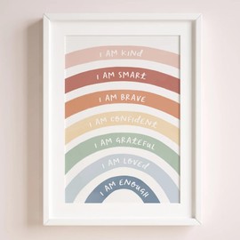 Inspirational Affirmations for Kids - Rainbow Affirmations Print - ‘I am Kind, Smart, Loved’ - Uplifting Nursery Decor (A4-21 x 29.7 cm)