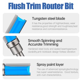 HUHAO Flush Trim Router Bit 1/4 Shank,1" Cutting Length,Pattern Flush Cut Router Bit with Botton Bearing to Prevent Tear-Out,Straight Cut Carbide Tipped Router Bit for Woodworking,Milling,Trimming