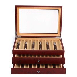 JAYEUW 34 Slots Pen Display Box, Wood Pen Organizer Box, Top Glass Window Pen Collection Display Case, Luxury Pen Collector Case As Father's Day Gift (34 Slots BlackRed)