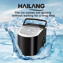HAILANG Countertop Ice Machine with Handle, 26 Pounds of Ice Making in 24 Hours, 9 Pieces of Ice Making in 7 Minutes, Self-Cleaning Portable Ice Machine with Basket and Spoon, suitable for Home/Kitchen/Camping/RV (Black) Christmas Gift) - Colour: black