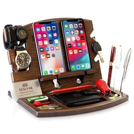 Wooden Phone Docking Station Key Holder Wallet Stand Nightstand Organizer with Key Holder, Wallet Stand, Watch Organizer and Watch Holder Pen Holder for Anniversary Birthday