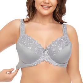 TELIMUSSTO Women's Full Coverage Floral Lace Underwired Bra Plus Size Non Padded Comfort Bra 46DD Grey