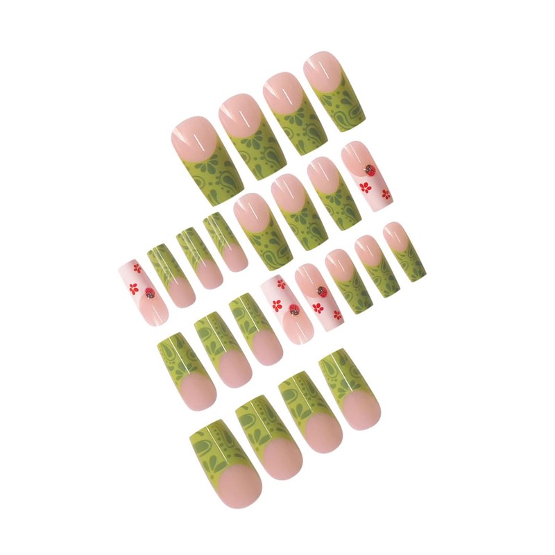 Green French Tip Press on Nails Long Square Fake Nails