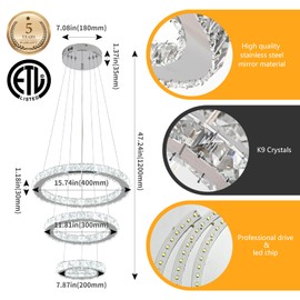 Buccleuch 3-Ring Crystal Chandelier, ETL-Listed Dimmable LED Pendant Light, Slope Ceiling Compatible Stainless Steel K9 Crystal Ceiling Light for Dining Room Bedroom Living Room, 6500K