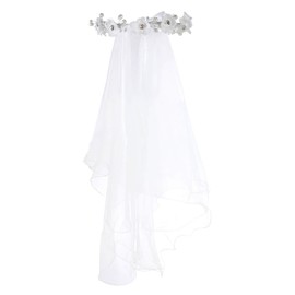 Merroyal Girls First Communion Veil, White Tulle with Floral Crown, 17 cm Diameter, Veil 61 cm Length (White Veil Pearls, One Size)