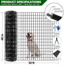 GILPWA Welded Wire Fence, 50ft(L) x 48inch(H) Garden Fence for Dog, 2 Inch x 3 Inch 16GA Fencing for Chicken, PVC Coated Anti-Rust Roll Metal Wire Mesh Fence for Yard Vegetable, Black