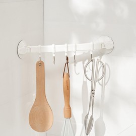 Wall-Mounted Suction Cup Hook Rack, 5 Hooks, No Drilling, Stainless Steel, for Kitchen and Bathroom Storage, White