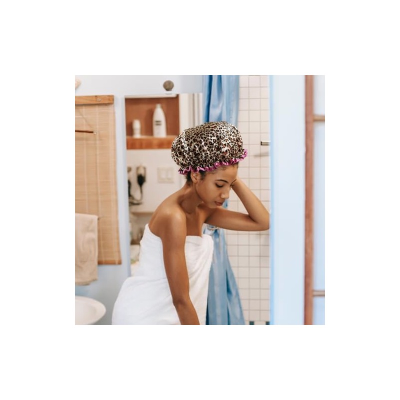 Reusable Waterproof Shower Cap - Double Thick, Leopard Red Border