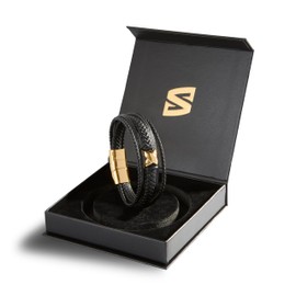 SERASAR Men's 17cm Gold Bracelet with Gift Box for Men, Cowhide Braids, Adjustable Magnetic Clasp, Multilayer Jewelry Box, Male Magnetic String Jewelry