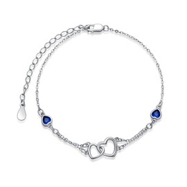 Shusukue Heart Bracelet Women's 925 Sterling Silver Double Heart Bracelet Blue Zircon Heart Bracelets Adjustable Bracelet Birthday Christmas Gift for Women Girlfriend, Sterling Silver, Cubic Zirconia