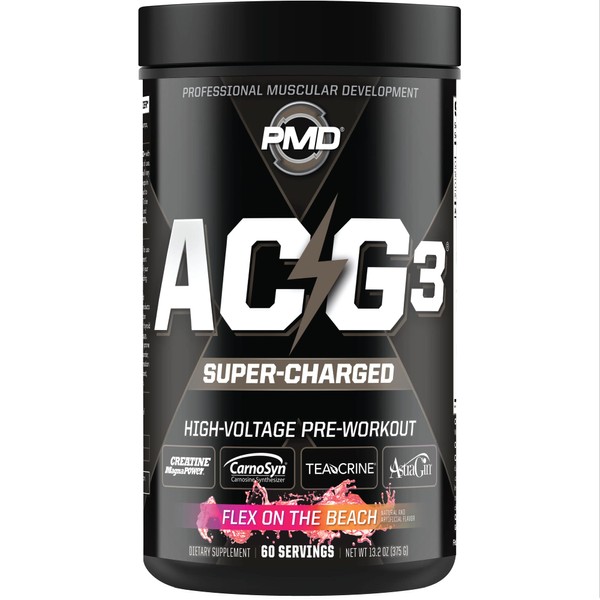 PMD Sports ACG3 Supercharged - Pre Workout - Powerful Strength, High Energy, Maximize Mental Focus, Endurance, Optimum Workout Performance For Men and Women - Flex On The Beach (60 Servings)