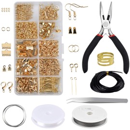 Fangehong Jewellery Craft Set, Jewellery Making Set Earrings Bracelets Make Yourself, Jewellery Repair Kit Clasps Wire Tweezers Pliers Crimp Beads Eyelets for Beginners DIY Craft Supplies (Gold)