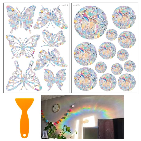 WEDAMOO 20 Pcs Butterfly/Round Anti-Collision Stickers, Rainbow Prism Window Stickers,